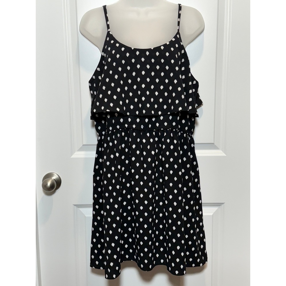 ELLE Women's Black White Polka Dot Ruffle Tiered‎ Spaghetti Strap Dress Large L